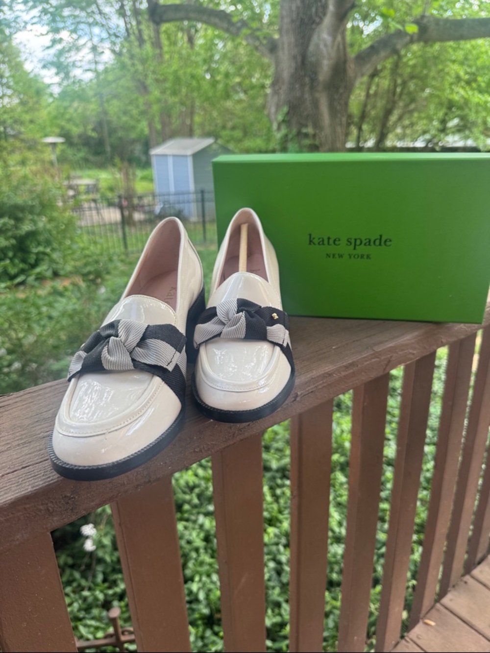 kate spade Cream Patent Loafers with Black and Cream Bow
